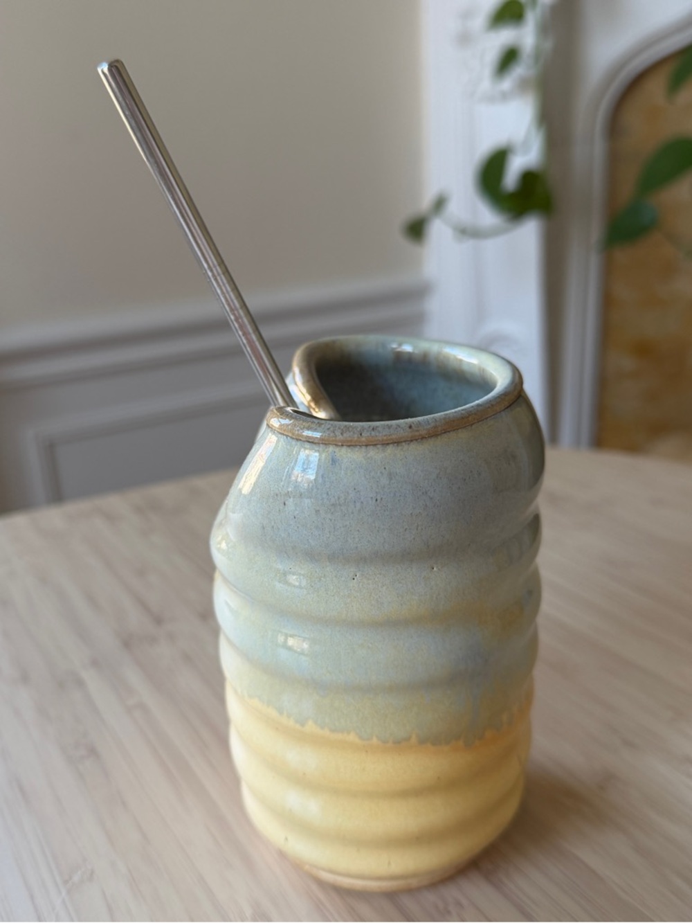 Handmade Studio Pottery Straw Cup Ceramic Tumbler Blue Cream Glaze